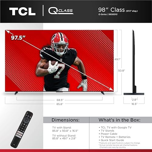TCL 98 Inch Q65 QLED 4K UHD Smart TV with Google TV  98Q651G  2024 Model  Dolby Vision  Dolby Atmos  HDR Pro   Game Accelerator Enhanced Gaming  Voice Remote  Works with Alexa  Streaming Television
