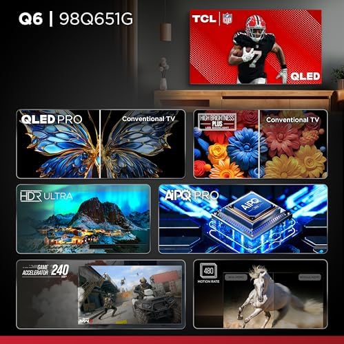 TCL 98 Inch Q65 QLED 4K UHD Smart TV with Google TV  98Q651G  2024 Model  Dolby Vision  Dolby Atmos  HDR Pro   Game Accelerator Enhanced Gaming  Voice Remote  Works with Alexa  Streaming Television