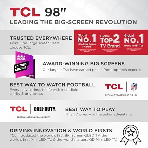TCL 98 Inch Q65 QLED 4K UHD Smart TV with Google TV  98Q651G  2024 Model  Dolby Vision  Dolby Atmos  HDR Pro   Game Accelerator Enhanced Gaming  Voice Remote  Works with Alexa  Streaming Television