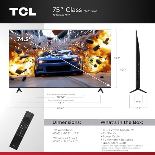 TCL Amazon Exclusive 75 Inch Class T7 Series   4K QLED HDR Lag Free Smart Google TV   75T7  2025 Model   120Hz 144Hz High Brightness  Dolby Atmos  Alexa Voice Remote AI Streaming Gaming Television