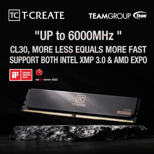 TEAMGROUP T Create Expert CL30 Overclocking 10L DDR5 32GB Kit  2 x 16GB  6000MHz  PC5 48000  Intel XMP 3 0 & AMD Expo Compatible Desktop Memory Module Ram Black   CTCED532G6000HC30DC01
