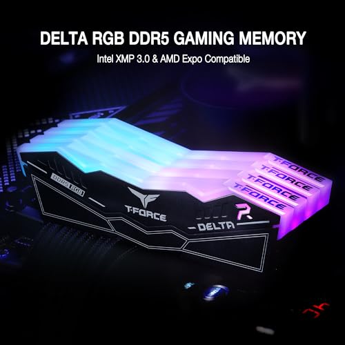 TEAMGROUP T Force Delta RGB DDR5 Ram 32GB  2x16GB  6000MHz PC5 48000 CL38 Intel XMP 3 0 & AMD Expo Compatible Desktop Memory Module Ram Black FF3D532G6000HC38ADC01