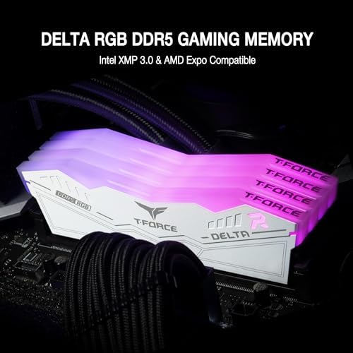 TEAMGROUP T Force Delta RGB DDR5 Ram 32GB  2x16GB  6000MHz PC5 48000 CL30 Intel XMP 3 0 & AMD Expo Compatible Desktop Memory Module Ram White FF4D532G6000HC30DC01