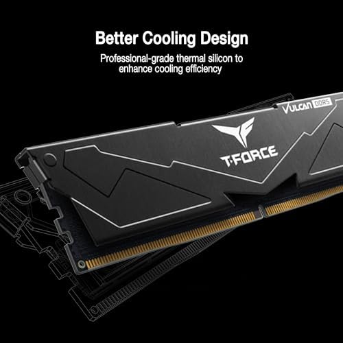 TEAMGROUP T Force Vulcan DDR5 32GB  2x16GB  6000MHz  PC5 48000  CL38 Desktop Memory Module Ram  Black  for Chipset 600 700 Series XMP 3 0 Ready   FLBD532G6000HC38ADC01