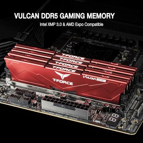 TEAMGROUP T Force Vulcan DDR5 32GB  2x16GB  6000MHz  PC5 48000  CL38 Desktop Memory Module Ram  Black  for Chipset 600 700 Series XMP 3 0 Ready   FLBD532G6000HC38ADC01
