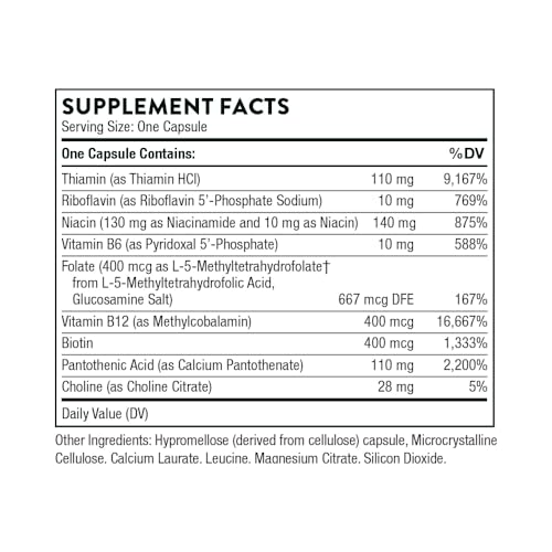 THORNE   Basic B Complex   Tissue Ready Vitamin B Complex Supplement with Choline   Supports Cellular Energy Production  Brain Health  Red Blood Cell Formation    Gluten Free  Dairy Free   60 Capsules