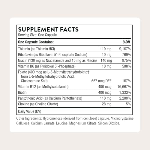 THORNE   Basic B Complex   Tissue Ready Vitamin B Complex Supplement with Choline   Supports Cellular Energy Production  Brain Health & Red Blood Cell Formation    Gluten Free   60 Servings