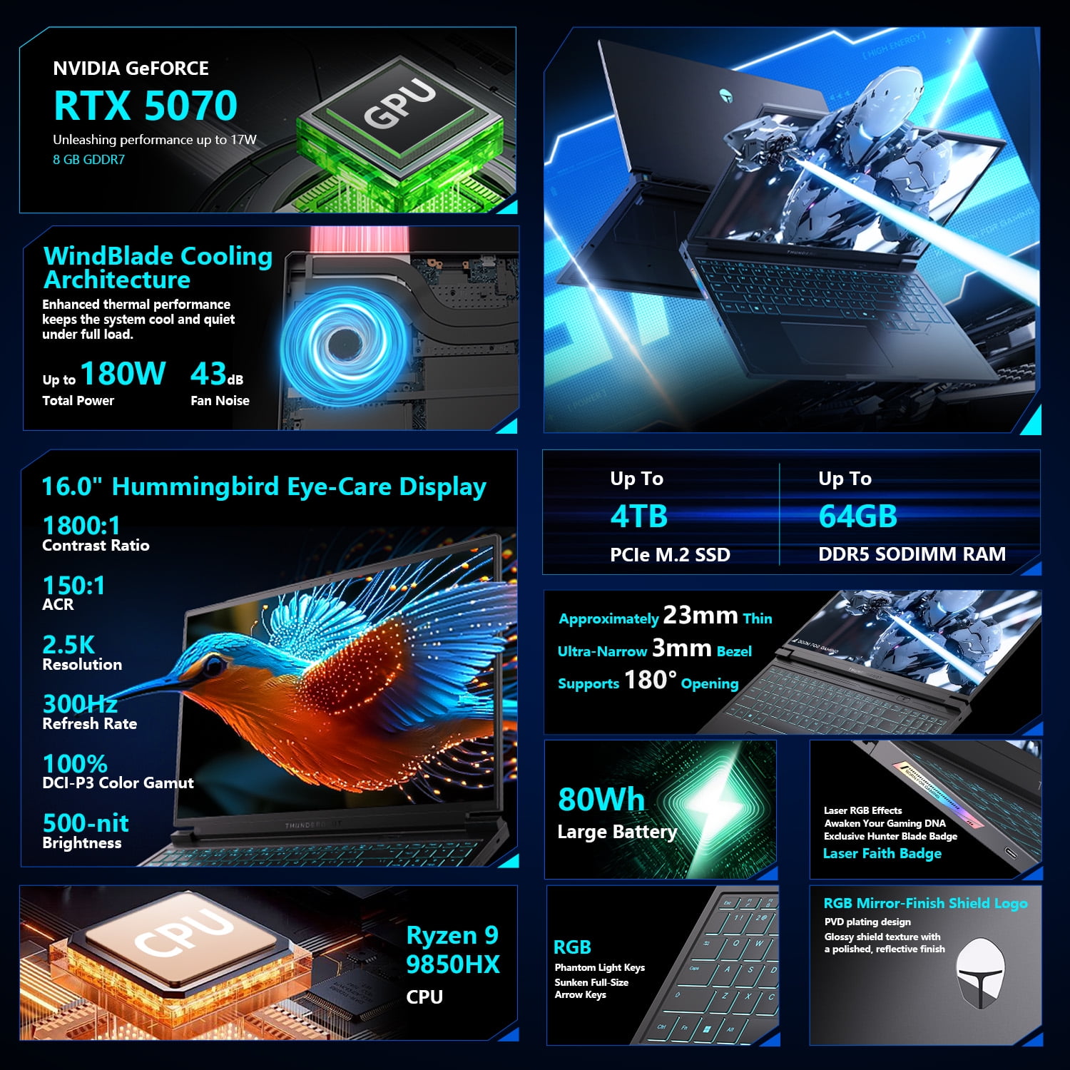 THUNDEROBOT Radiant 16S 16" QHD  Gaming Laptop  Ryzen 9 9850HX  RTX 5070  300Hz  16GB DDR5  1TB SSD  RGB Keyboard  Win 11 Home