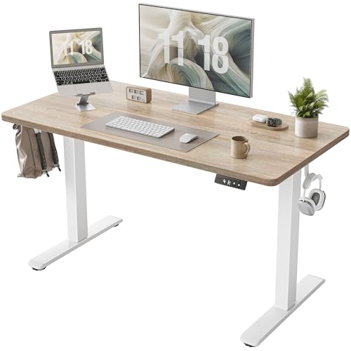TIQLAB Height Adjustable Electric Standing Desk  47 x 24 inch  Sit Stand Up Desk  Splice Board  Computer Home Office Desk  White Frame/Maple Top