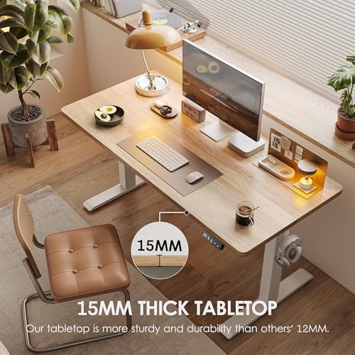 TIQLAB Height Adjustable Electric Standing Desk  47 x 24 inch  Sit Stand Up Desk  Splice Board  Computer Home Office Desk  White Frame/Maple Top