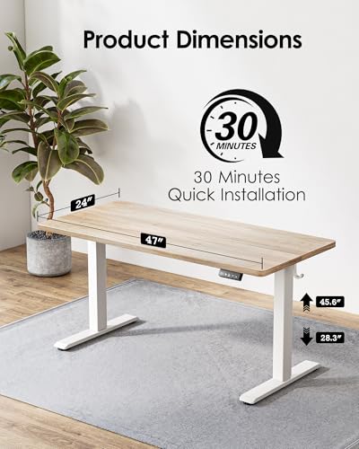 TIQLAB Height Adjustable Electric Standing Desk  47 x 24 inch  Sit Stand Up Desk  Splice Board  Computer Home Office Desk  White Frame/Maple Top