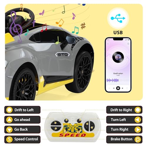 TOBBI Kids Ride on 24V Licensed Lamborghini STO Electric Car for Kids 3 6 Battery Powered Ride on Toys Lambo Sports Car with Remote Control Motorized Drift Vehicle High Speed 10km/h  Gray