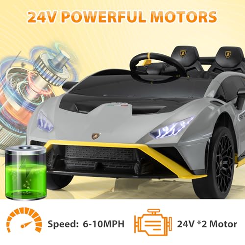 TOBBI Kids Ride on 24V Licensed Lamborghini STO Electric Car for Kids 3 6 Battery Powered Ride on Toys Lambo Sports Car with Remote Control Motorized Drift Vehicle High Speed 10km/h  Gray