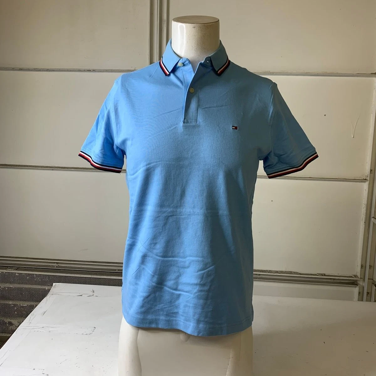 TOMMY HILFIGER Signature Tipped Cotton Polo Shirt Men s Size S Blue