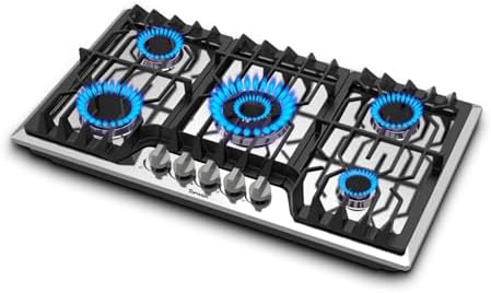 TOPWISH 36 Inch Gas Cooktop  5 Burners Gas Stove Top  NG/LPG Convertible 304 Stainless Steel Built in Propane Stovetop  Natural Hob with Thermocouple Flame Out Protection for Rvs Kitchen Apartments