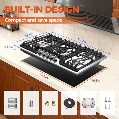 TOPWISH 36 Inch Gas Cooktop  5 Burners Gas Stove Top  NG/LPG Convertible 304 Stainless Steel Built in Propane Stovetop  Natural Hob with Thermocouple Flame Out Protection for Rvs Kitchen Apartments