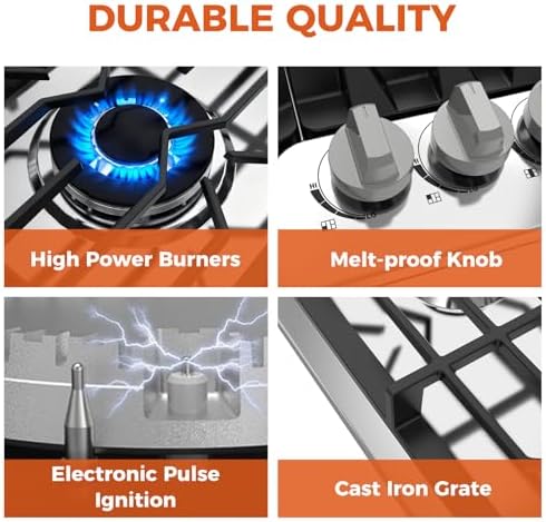 TOPWISH 36 Inch Gas Cooktop  5 Burners Gas Stove Top  NG/LPG Convertible 304 Stainless Steel Built in Propane Stovetop  Natural Hob with Thermocouple Flame Out Protection for Rvs Kitchen Apartments