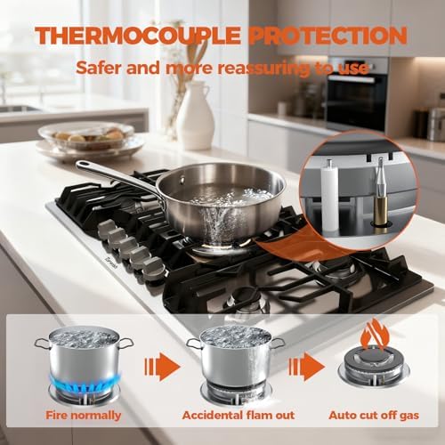 TOPWISH 36 Inch Gas Cooktop  5 Burners Gas Stove Top  NG/LPG Convertible 304 Stainless Steel Built in Propane Stovetop  Natural Hob with Thermocouple Flame Out Protection for Rvs Kitchen Apartments