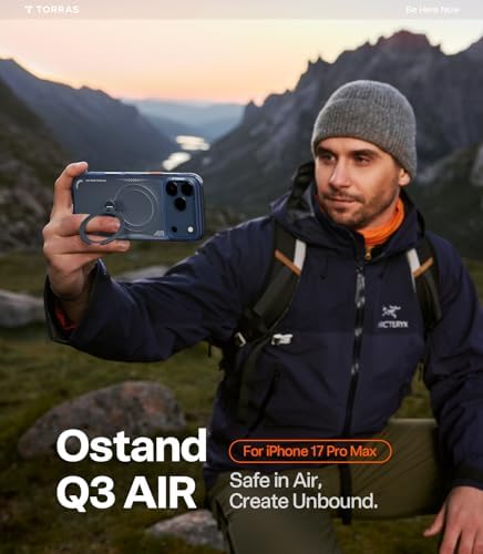 TORRAS Ostand Q3 Air for iPhone 17 Pro Max Case with 360 Magnetic Stand  Fit for MagSafe  Mil Grade Drop Tested  Camera Control Button  Shockproof Phone Case for iPhone 17 Pro Max 6 9  Shadow Black