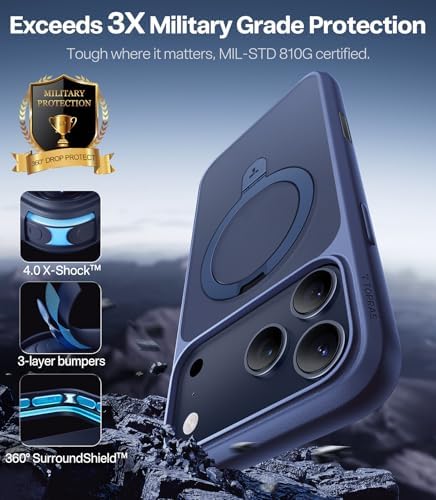 TORRAS Funda magnética azul para iPhone 17 Pro Max con soporte, [compatible con MagSafe] [probada en caídas de grado militar] Control de cámara, funda translúcida delgada de borde suave para iPhone 17