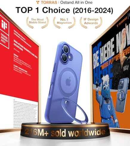 TORRAS Funda magnética azul para iPhone 17 Pro Max con soporte, [compatible con MagSafe] [probada en caídas de grado militar] Control de cámara, funda translúcida delgada de borde suave para iPhone 17