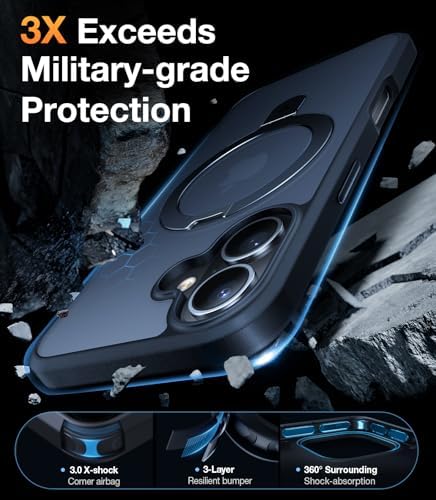 TORRAS Funda magnética azul para iPhone 17 Pro Max con soporte, [compatible con MagSafe] [probada en caídas de grado militar] Control de cámara, funda translúcida delgada de borde suave para iPhone 17