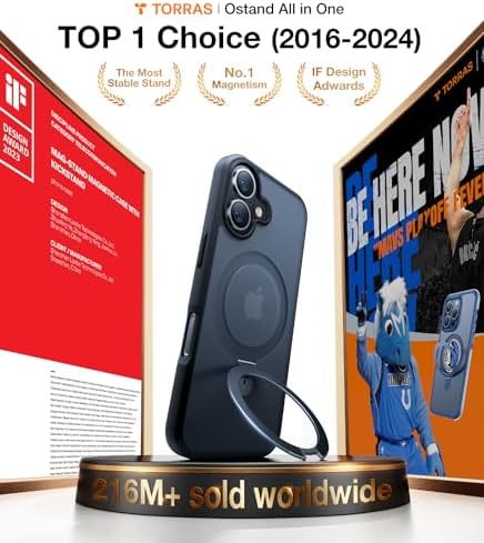 TORRAS Funda magnética azul para iPhone 17 Pro Max con soporte, [compatible con MagSafe] [probada en caídas de grado militar] Control de cámara, funda translúcida delgada de borde suave para iPhone 17