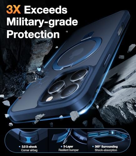 TORRAS Funda magnética azul para iPhone 17 Pro Max con soporte, [compatible con MagSafe] [probada en caídas de grado militar] Control de cámara, funda translúcida delgada de borde suave para iPhone 17