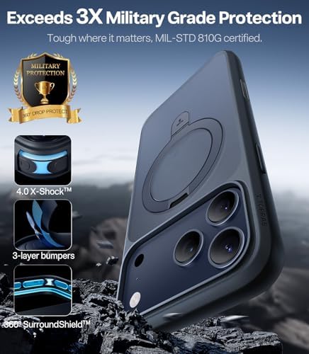 TORRAS Funda magnética azul para iPhone 17 Pro Max con soporte, [compatible con MagSafe] [probada en caídas de grado militar] Control de cámara, funda translúcida delgada de borde suave para iPhone 17