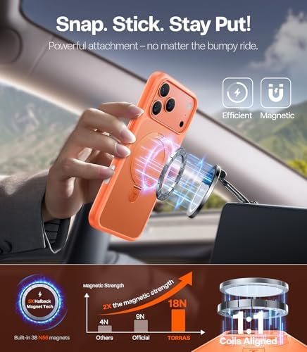 TORRAS Funda magnética azul para iPhone 17 Pro Max con soporte, [compatible con MagSafe] [probada en caídas de grado militar] Control de cámara, funda translúcida delgada de borde suave para iPhone 17