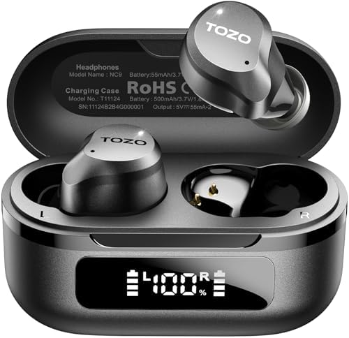 TOZO NC9 Hybrid Active Noise Cancelling Wireless Earbuds  6 Mics ENC Clear Call  IPX8 Waterproof  in Ear Bluetooth 5 3 Headphones Stereo Bass Ear Buds 60H Playtime with LED Display 32 EQs via APP