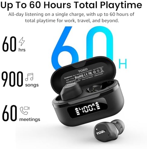 TOZO NC9 Hybrid Active Noise Cancelling Wireless Earbuds  6 Mics ENC Clear Call  IPX8 Waterproof  in Ear Bluetooth 5 3 Headphones Stereo Bass Ear Buds 60H Playtime with LED Display 32 EQs via APP