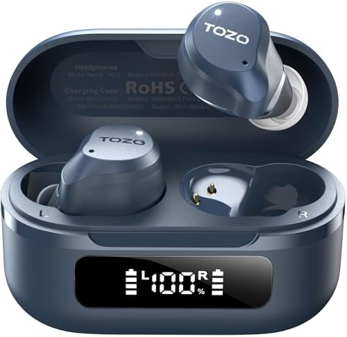 TOZO NC9 Hybrid Active Noise Cancelling Wireless Earbuds  6 Mics ENC Clear Call  IPX8 Waterproof  in Ear Bluetooth 5 3 Headphones Stereo Bass Ear Buds 60H Playtime with LED Display 32 EQs via APP