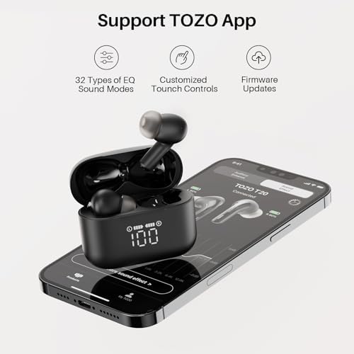 TOZO T20 Wireless Earbuds Bluetooth Headphones 48 5 Hrs Playtime with LED Digital Display  IPX8 Waterproof  Dual Mic Call Noise Cancelling 10mm Broad Range Speakers  New Version