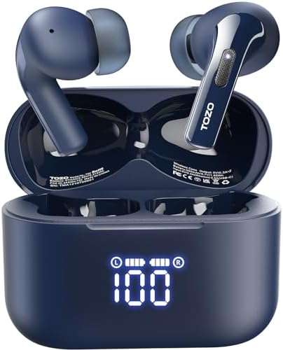 TOZO T20 Wireless Earbuds Bluetooth Headphones 48 5 Hrs Playtime with LED Digital Display  IPX8 Waterproof  Dual Mic Call Noise Cancelling 10mm Broad Range Speakers  New Version