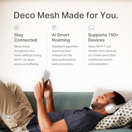 TP Link Deco 7 BE25 Dual Band BE5000 WiFi 7 Mesh Wi Fi System   4 Stream 5 Gbps  240 Mhz Channels   Covers up to 4 600 Sq Ft   2X 2 5G Ports Wired Backhaul   VPN MLO  AI Roaming  HomeShield  2 Pack