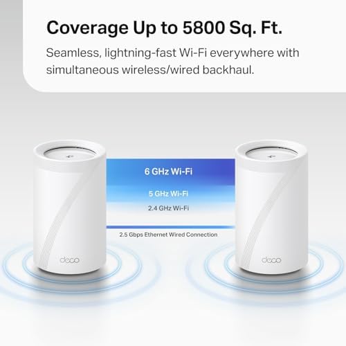 TP Link Deco 7 Pro BE63 Tri Band WiFi 7 BE10000 Whole Home Mesh System  6 Stream 10 Gbps  4x2 5G Ports Wired Backhaul  4X Smart Internal Antennas  VPN  HomeShield  Free Expert Support  2 Pack 