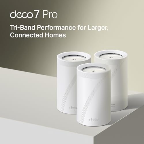 TP Link Deco 7 Pro BE17000 Tri Band Wi Fi 7 Whole Home Mesh System   9 Stream 17Gbps   10G RJ45/SFP  Combo   Multi Gig Wired Backhaul   Up to 8500 Sq ft   HomeShield  MLO  320 MHz  Deco BE77 3 Pack 