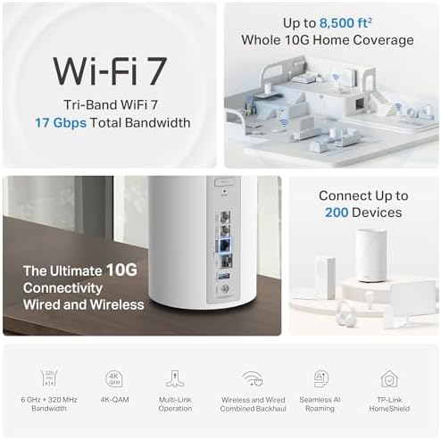 TP Link Deco 7 Pro BE17000 Tri Band Wi Fi 7 Whole Home Mesh System   9 Stream 17Gbps   10G RJ45/SFP  Combo   Multi Gig Wired Backhaul   Up to 8500 Sq ft   HomeShield  MLO  320 MHz  Deco BE77 3 Pack 