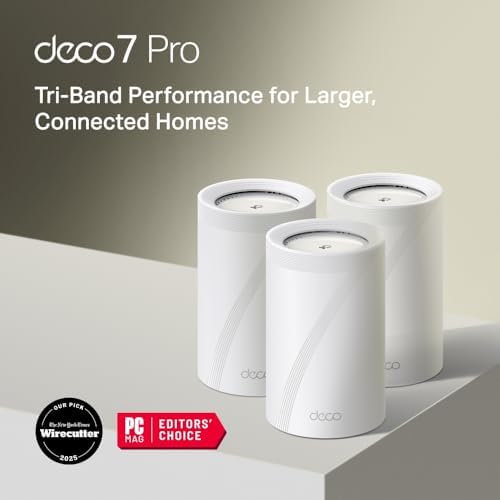 TP Link Deco 7 Pro BE63 Tri Band WiFi 7 BE10000 Whole Home Mesh System   6 Stream 10 Gbps  4x2 5G Ports Wired Backhaul  4X Smart Internal Antennas  VPN  HomeShield  Free Expert Support  3 Pack 