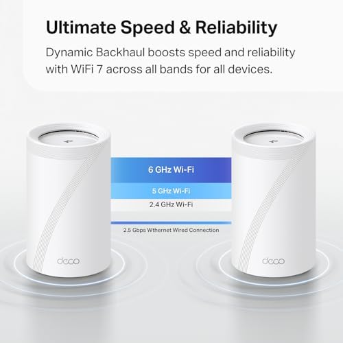 TP Link Deco 7 Pro BE63 Tri Band WiFi 7 BE10000 Whole Home Mesh System   6 Stream 10 Gbps  4x2 5G Ports Wired Backhaul  4X Smart Internal Antennas  VPN  HomeShield  Free Expert Support  3 Pack 