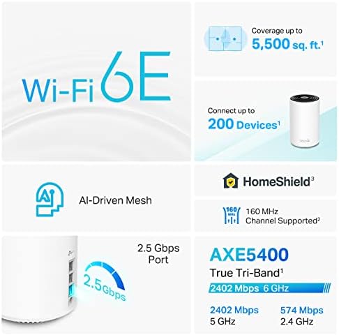 TP Link Deco XE75 Pro AXE5400 Tri Band WiFi 6E Mesh System   2 5G WAN/LAN Port  Covers up to 5500 Sq Ft  Replaces WiFi Router and Extender  AI Driven Mesh  New 6GHz Band  2 Pack