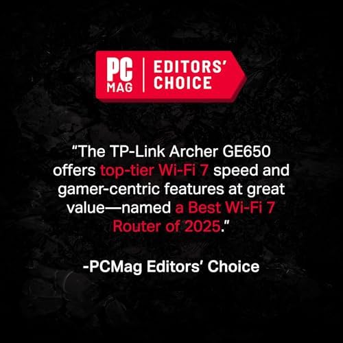 TP Link Tri Band BE11000 Wi Fi 7 Gaming Router Archer GE650   6 Stream 11 Gbps supports 320MHz   2 5G   3 2 5G Ports USB 3 0   Game Acceleration  Dedicated Gaming Port & Panel  RGB Lighting HomeShield