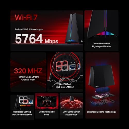 TP Link Tri Band BE11000 Wi Fi 7 Gaming Router Archer GE650   6 Stream 11 Gbps supports 320MHz   2 5G   3 2 5G Ports USB 3 0   Game Acceleration  Dedicated Gaming Port & Panel  RGB Lighting HomeShield