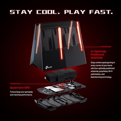 TP Link Tri Band BE11000 Wi Fi 7 Gaming Router Archer GE650   6 Stream 11 Gbps supports 320MHz   2 5G   3 2 5G Ports USB 3 0   Game Acceleration  Dedicated Gaming Port & Panel  RGB Lighting HomeShield