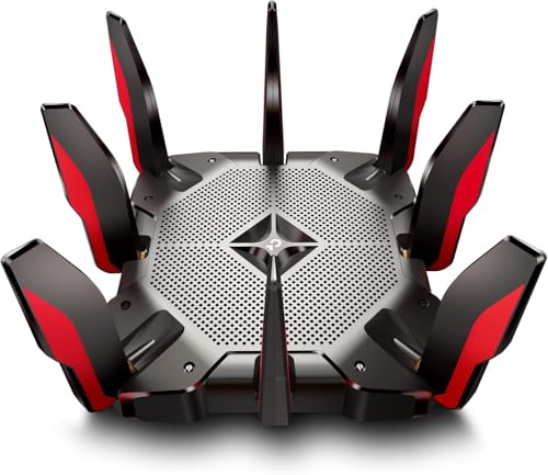 TP Link WiFi 6 AX Router for Large Homes   Tri Band Wireless  2 5G WAN  8 LAN Ports  Archer AX10000   Black and Red  Renewed 