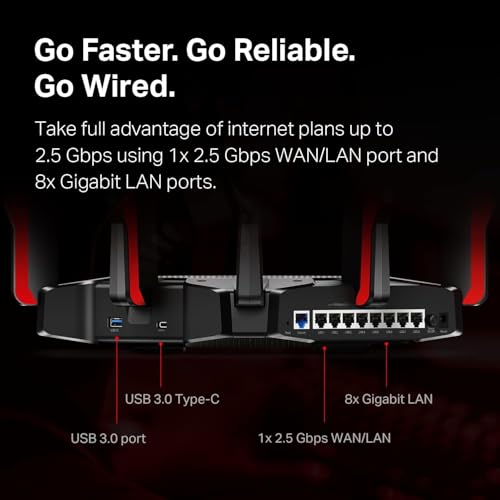 TP Link WiFi 6 AX Router for Large Homes   Tri Band Wireless  2 5G WAN  8 LAN Ports  Archer AX10000   Black and Red  Renewed 
