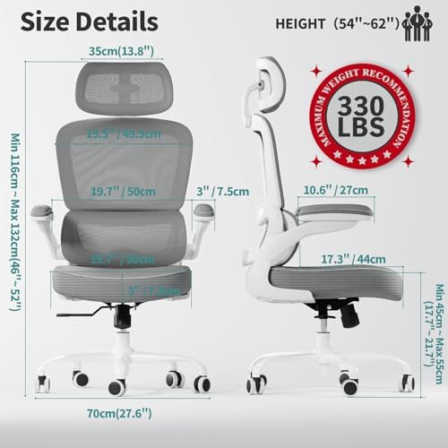 TRALT Ergonomic Office Chair   Desk Chair with Adjustable Headrest Lumbar Support Computer Chair   Mesh Comfy Chair with Flip up Armrests   Gaming Chairs for Adults Home Office  Leather  Grey 