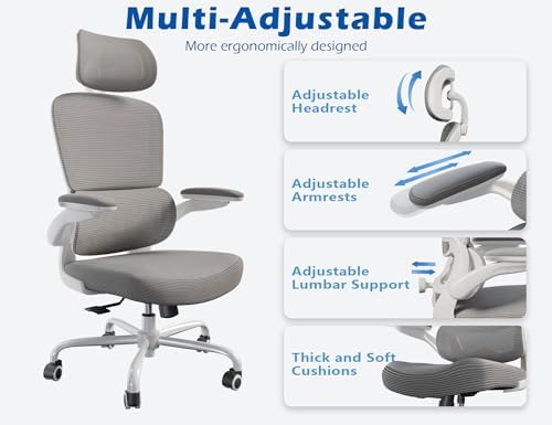 TRALT Ergonomic Office Chair   Desk Chair with Adjustable Headrest Lumbar Support Computer Chair   Mesh Comfy Chair with Flip up Armrests   Gaming Chairs for Adults Home Office  Leather  Grey 