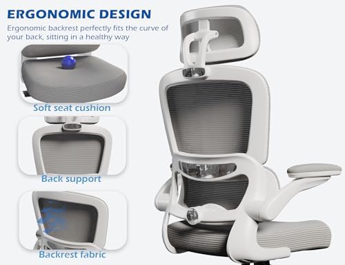 TRALT Ergonomic Office Chair   Desk Chair with Adjustable Headrest Lumbar Support Computer Chair   Mesh Comfy Chair with Flip up Armrests   Gaming Chairs for Adults Home Office  Leather  Grey 